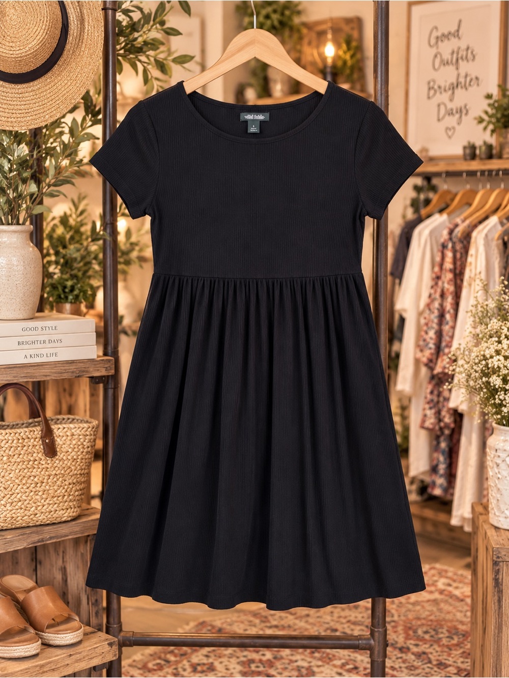wild fable Black Short-Sleeve Ribbed Babydoll Dress